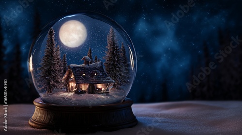 Snow Globe with Rustic Cabin and Winter Forest under Full Moon