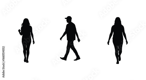 Silhouettes of people walking in different poses and directions on white background
