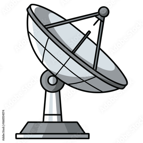 Cartoon satellite dish with grey and white panels on a white background antenna communication