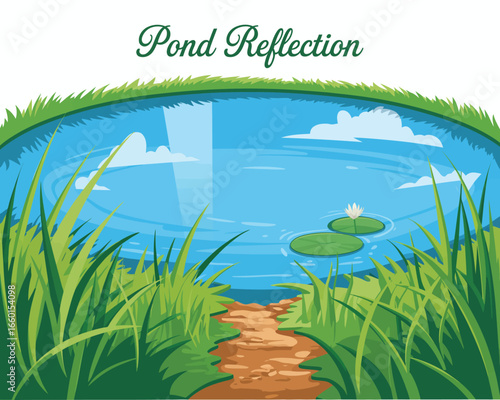 Serene pond reflection with lily pads and lush green grass surrounding a tranquil waterway scene perfect for relaxation and contemplation