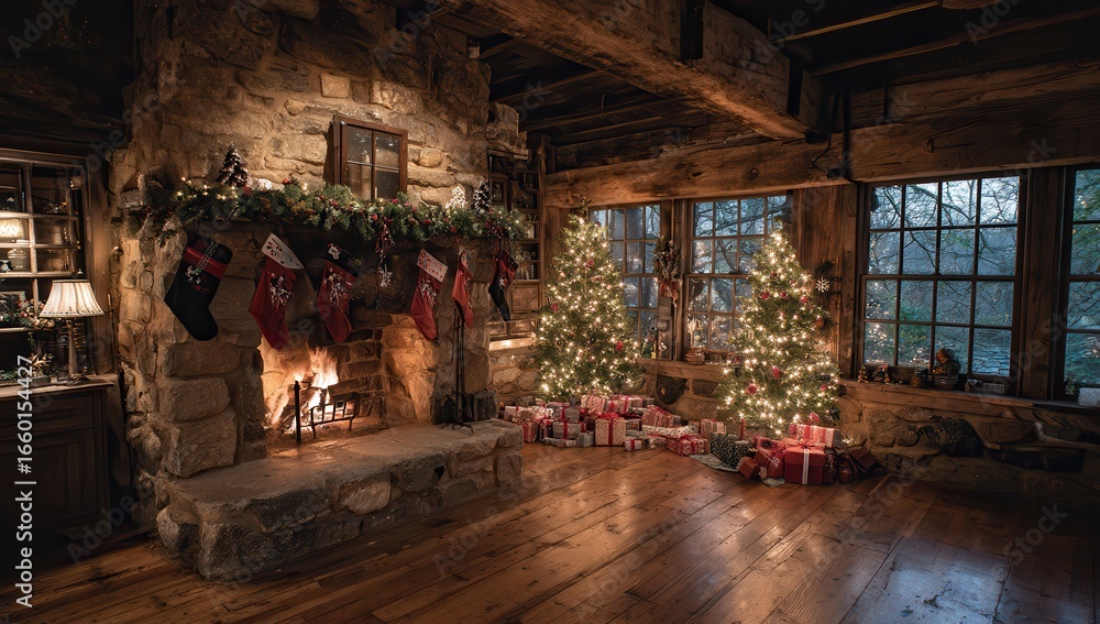 Naklejka premium Cozy christmas cabin with glowing fireplace and decorated trees