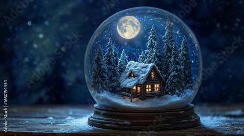 Snow Globe with Rustic Cabin and Winter Forest under Full Moon