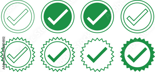 Collection of green checkmark icons representing approval success and agreement in various circular and starburst badge designs