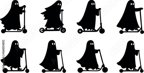 Collection of ghost silhouettes riding kick scooters isolated on white background