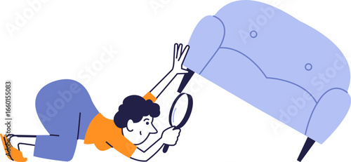 Woman searching under sofa with magnifying glass.The concept of lost things search, curiosity, mindfulness and exploration.