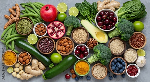 A beautiful and organized composition of natural, whole food ingredients for a healthy diet.