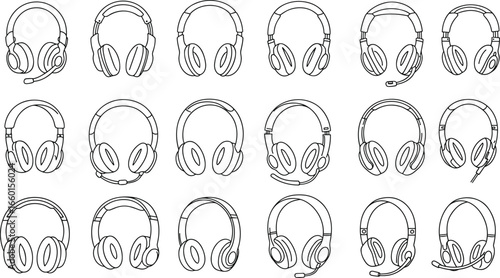 Headphones vector set, different headset designs, wired and wireless earphones, audio equipment icons, music, gaming, and communication headset illustrations