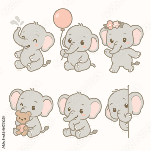 Cute Baby Elephant Sticker Set with Various Poses and Expressions