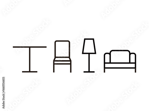テーブル、イス、照明、ソファーの線画アイコンのセット