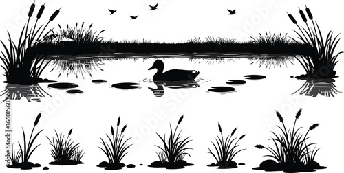 Nature scene with duck and water plants, pond reflection, wildlife design, bird and grass vector, tranquil landscape illustration, water plants