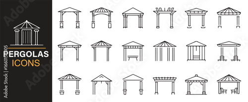 Detailed icon set of pergolas with different roof designs, ideal for backyard and garden designs.