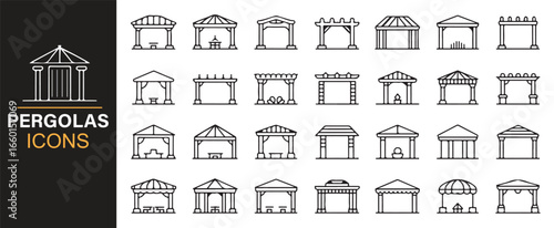 Collection of pergola icons, showcasing various outdoor structures for garden and patio use.