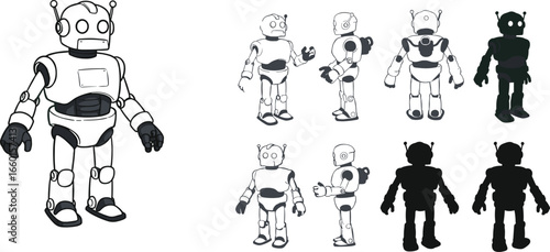 Cartoon robot character design, 3D vector illustration, robot model poses, futuristic robot sketches, humanoid robot figure, digital character art