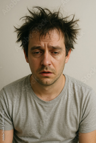 Tired Man Portrait Disheveled Hair, Weary Eyes, and Gray T-shirt