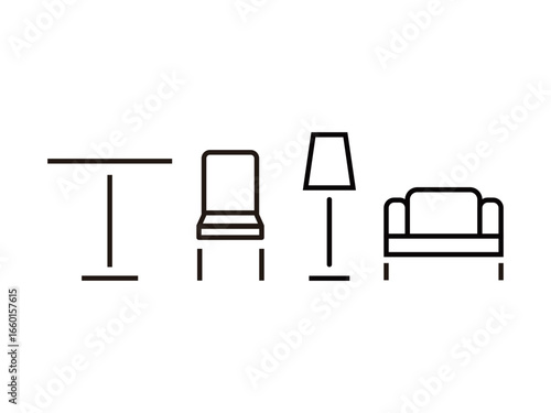 テーブル、イス、照明、ソファーの線画アイコンのセット