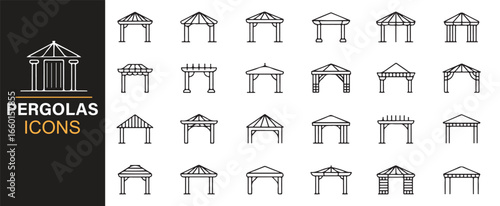Set of pergola icons featuring traditional and modern designs, ideal for architectural projects.
