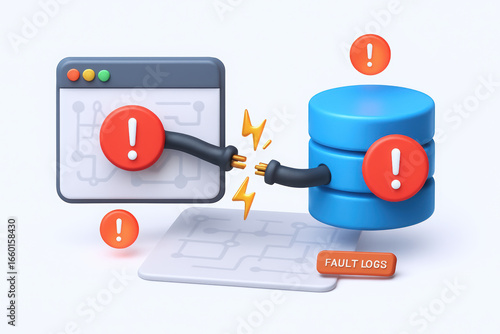 3D illustration of a database and web interface connection, highlighting fault logs and errors in a tech environment.