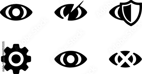 A collection of six black and white icons featuring eyes a gear and a shield in a grid layout