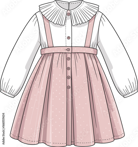 Elegant, pink, white, long sleeve, dress, pleated, collar, children's, fashion, stylish, apparel, vector, illustration, detailed, drawing, kids, wear, clothing, cad, design