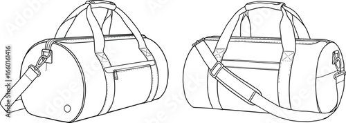 CAD Drawing Flat Vector Illustration of Sports Gym Duffel Bag, Travel Fitness Carrying Bag, Detailed Design with Strap, Zipper, Storage Compartment