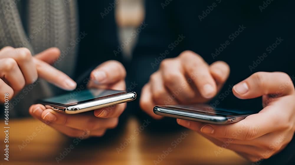 Close Up Of Two People Using Smartphones With Black Frames And Touching Screens On A Wooden Tabletop Close Up Of Two People Using Smartphones With Black Frames And Touching Screens On A Wooden Tabletop