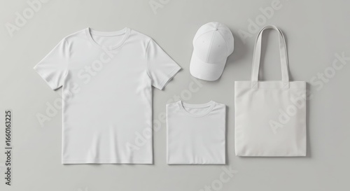 Blank white apparel mockups:  T-shirts, a cap, and a tote bag.  Perfect for showcasing your designs!