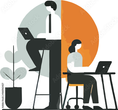 Business professionals working on laptop computers together in an office environment illustration