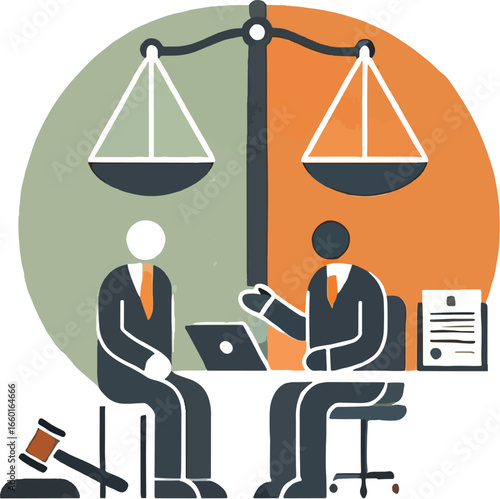 Legal professionals in courtroom discussing judgement and justice illustrated with scales of balance and gavel.