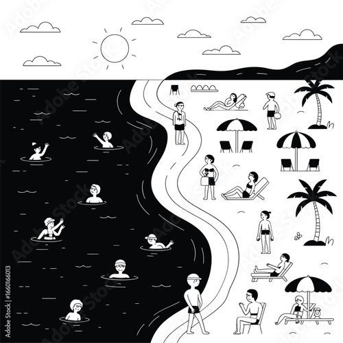 Black and white illustration of a sunny beach with people swimming and relaxing
