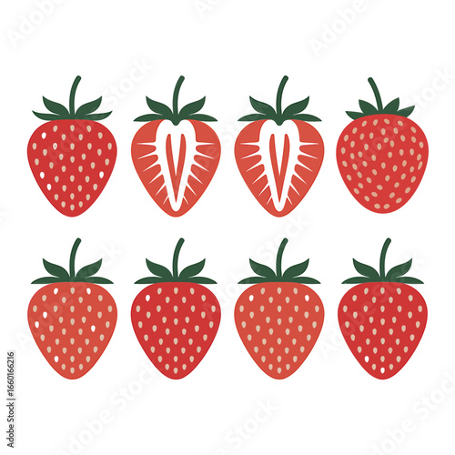 Collection of fresh red strawberries whole and halved isolated on white background