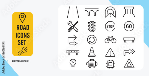 Comprehensive Road Icons Set for Web Design and Mobile Applications Delivering Essential Traffic and Navigation Symbols for Developers and Designers