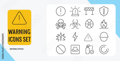 Comprehensive Warning Icons Set Depicting Various Hazards and Precautionary Measures for Industrial Safety and Public Awareness Campaigns