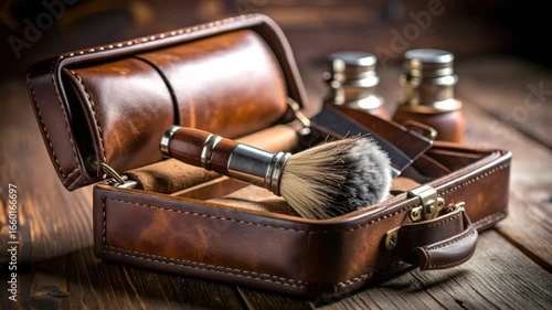 Vintage leather shaving kit accessories