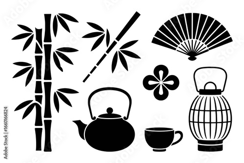 Black Silhouette Icons of Japanese Cultural Elements and Tea Set
