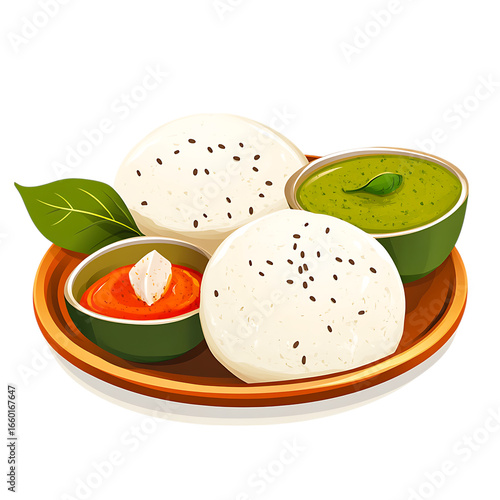 South indian idli and dosa with sambar and chutney isolated on transparent background