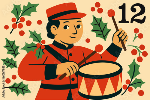 Twelve drummers drumming. The twelve days of Christmas. English Christmas carol. Twelfth day