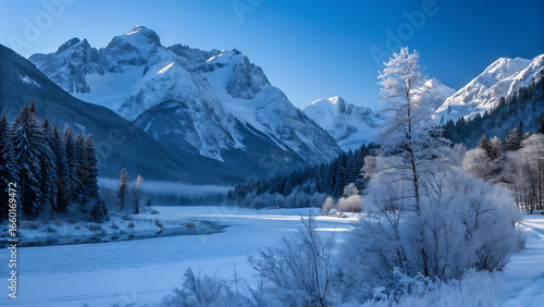 Wallpaper Mural A scenic winter landscape featuring snowcovered mountains, a frozen river, and frostcovered trees under a clear blue sky, creating a beautiful and idyllic scene Torontodigital.ca