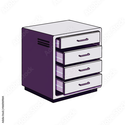 Modern purple filing cabinet with four open drawers, clean design for office organization