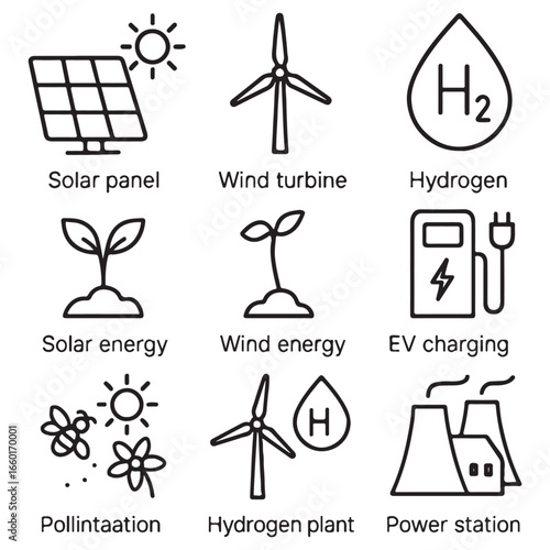 Renewable energy and low emission sustainable power system line icon set including solar, wind, hydrogen and EV charging. vector