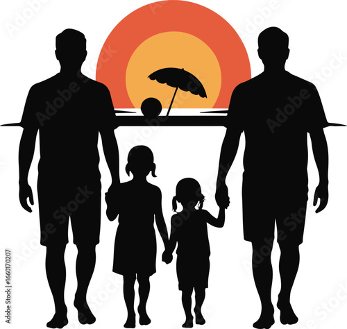 Gay couple with daughters walking on beach at sunset silhouette