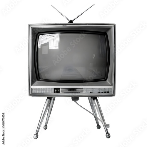 レトロな白黒テレビ 金属製の足とアンテナ付きの古い家電製品