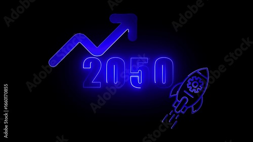 Wallpaper Mural Neon blue graph arrow pointing up next to year 2050 and rocket ship with gear upward chart Torontodigital.ca