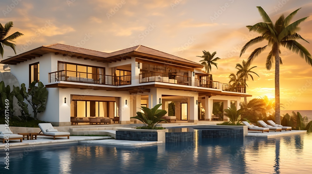 Fototapeta premium Luxury villa exterior featuring a combination of white stucco, natural stone, dark wood accents, large pool in the foreground, warm golden hour lighting, and tropical landscaping, full frame,
