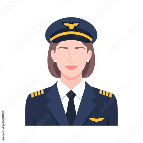 Illustration of a pilot wearing full attributes. Flat design for a pilot avatar. A female pilot. Flat character design. design 3