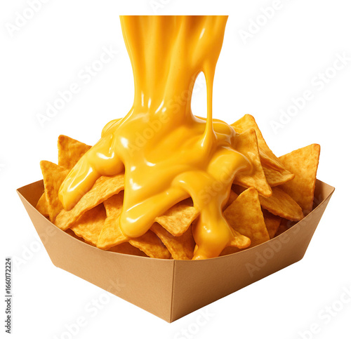 Molten cheese sauce streaming over nachos in a kraft paper container.