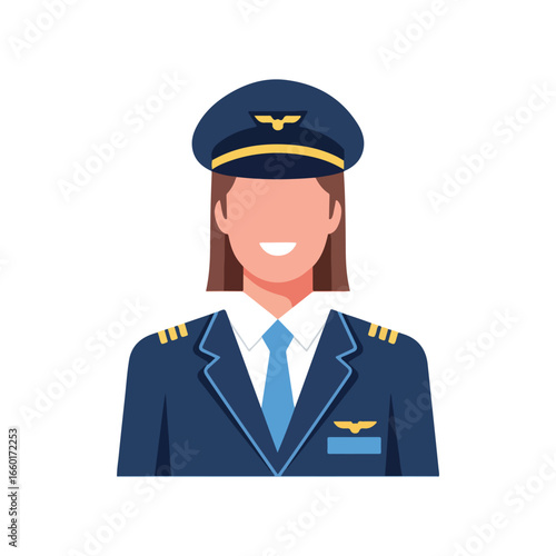 Illustration of a pilot wearing full attributes. Flat design for a pilot avatar. A female pilot. Flat character design. design 1