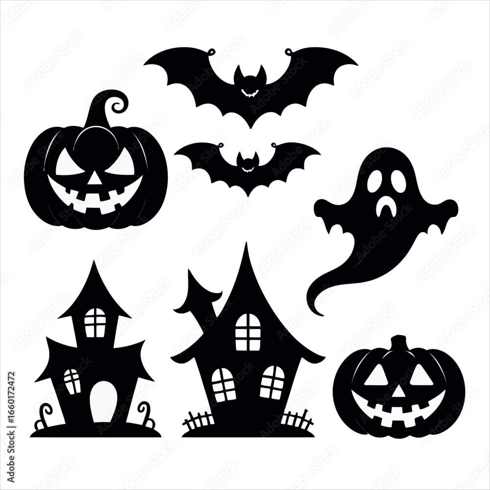 Obraz premium Vector art of halloween silhouettes featuring pumpkins, bats, and ghost