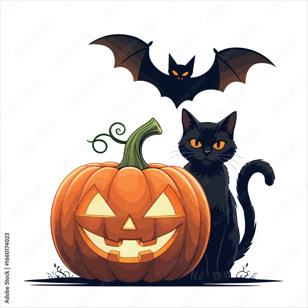 Fototapeta premium Vector art of a halloween pumpkin with a black cat and a bat