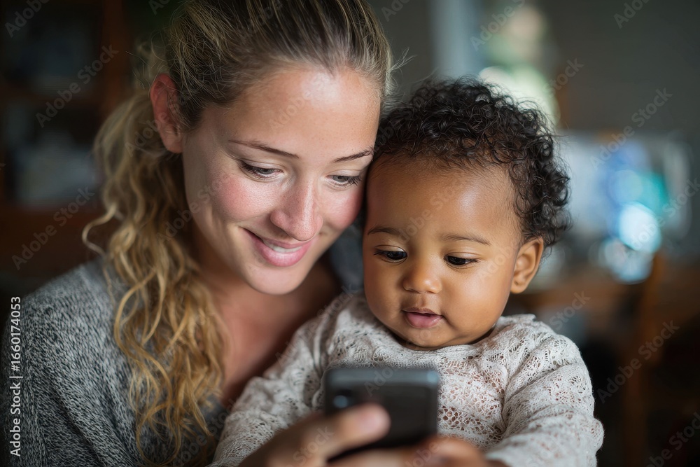 Fototapeta premium Diverse Mother And Baby. Young Caucasian Mum with African American Infant Daughter Learning on Smartphone at Home