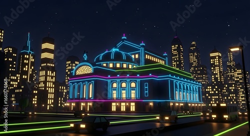 Wallpaper Mural Vibrant Night Cityscape: Ornate Building Illuminated by Neon Lights Against a Modern Urban Skyline Torontodigital.ca